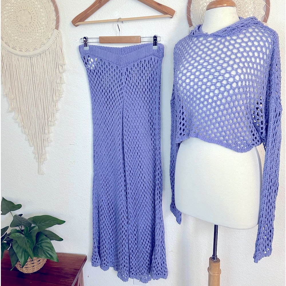 The ragged priest purple open knit flare pants and crop hoodie set small
